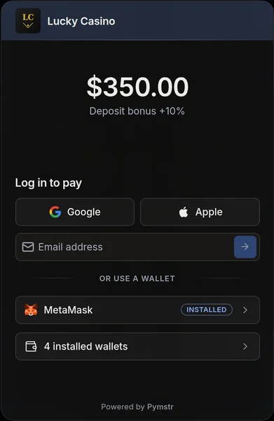 The PYMSTR checkout login: Google, Apple, email or a connected wallet