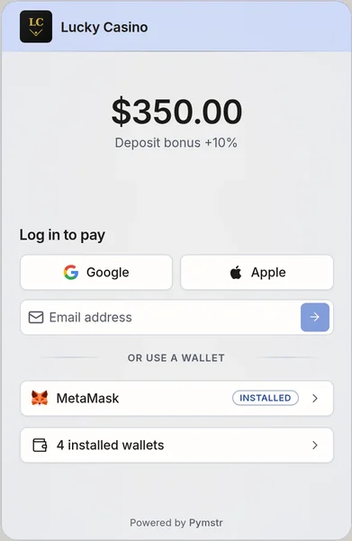 The PYMSTR checkout login: Google, Apple, email or a connected wallet