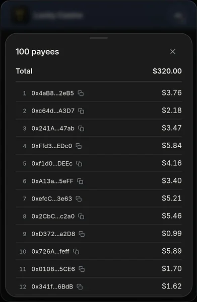 A PYMSTR payout to 100 payees, $320.00 in total