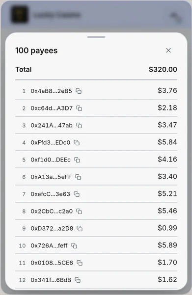 A PYMSTR payout to 100 payees, $320.00 in total