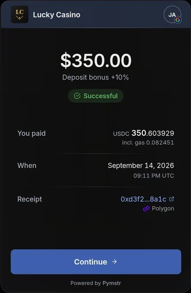 The PYMSTR checkout after a successful payment: $350.00 in USDC, with its on-chain receipt on Polygon