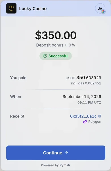 The PYMSTR checkout after a successful payment: $350.00 in USDC, with its on-chain receipt on Polygon