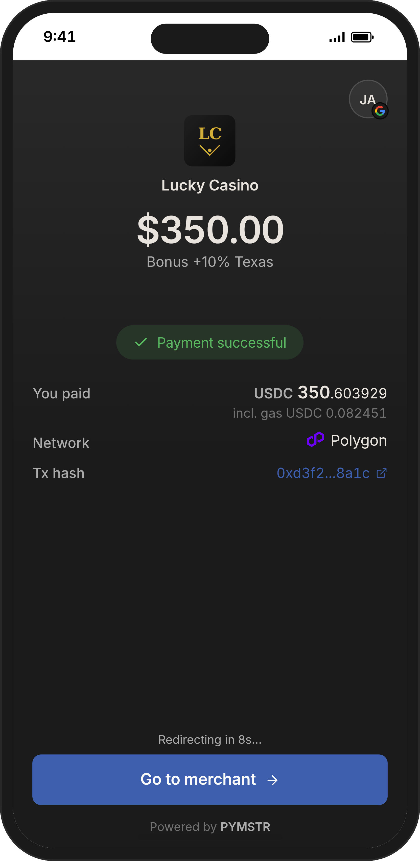 PYMSTR checkout payment successful screen on mobile